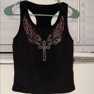 ROMWE Black Tank Top with Rhinestone Cross and Red Flame Design